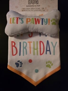 Hobby Lobby White Birthday Dog Bandana with Multicolor Lettering and Orange Trim